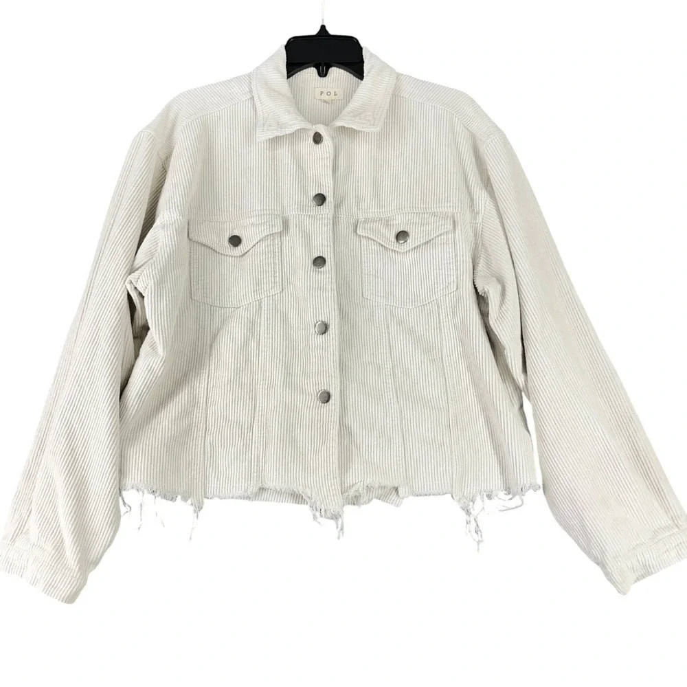 POL Corduroy Raw Hem Jacket Women L‎ Button Front Cropped Trucker